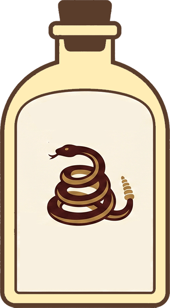 A corked apothecary bottle of pale tonic, labelled with a coiled rattlesnake.