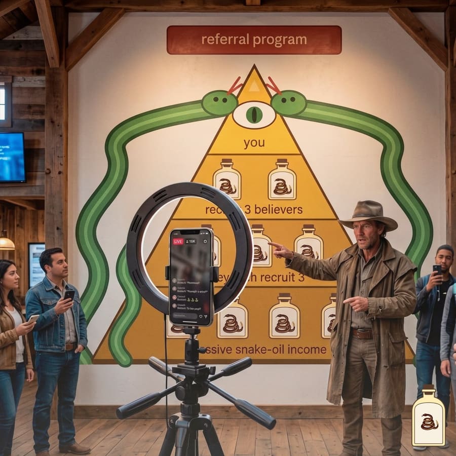 A man in a duster and cowboy hat live-streams beside a painted referral pyramid labelled “you”, “recruit 3 believers” and “passive snake-oil income”, flanked by two green snakes.