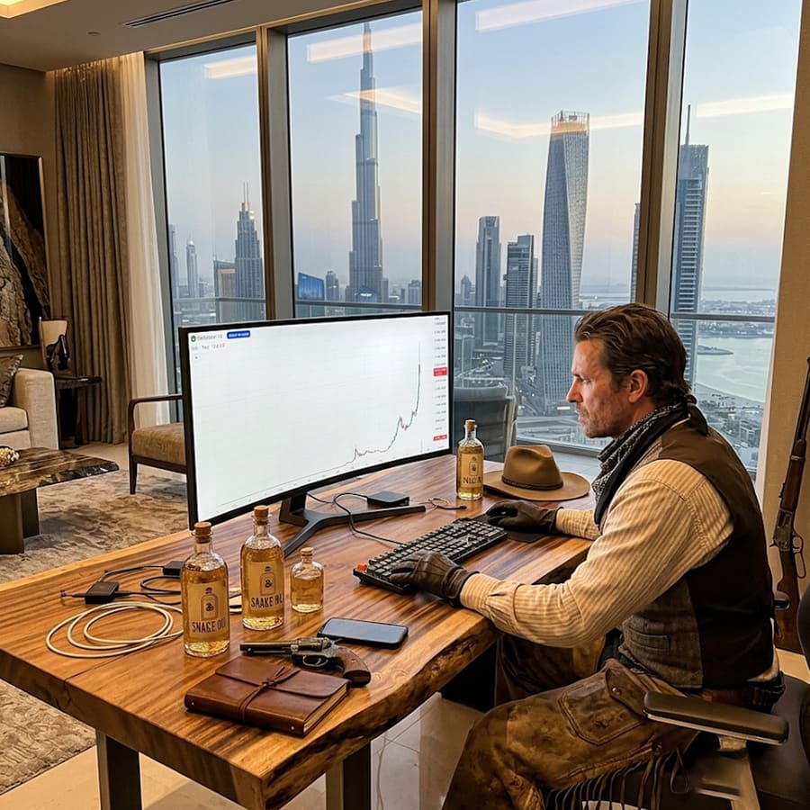 A man in a waistcoat sits at a desk in a high-rise apartment, floor-to-ceiling windows behind him overlooking the Dubai skyline, bottles of tonic beside his keyboard.