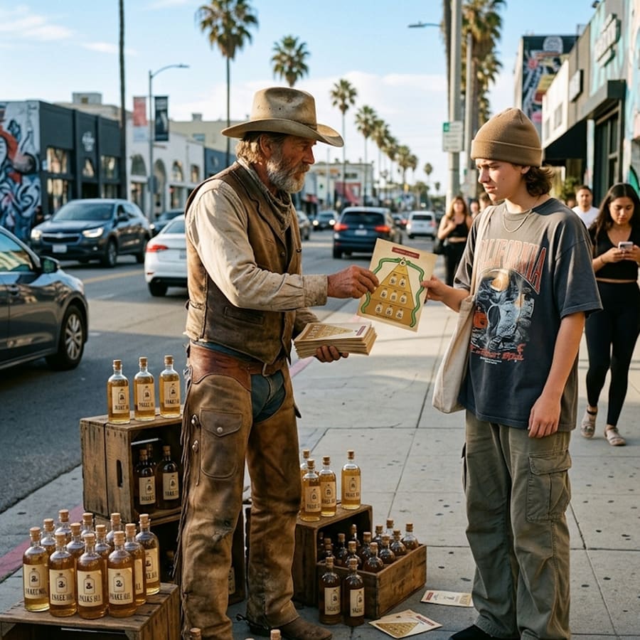 A weathered man in a cowboy hat hands a paper bag to a teenager on a sunny city sidewalk, crates of tonic bottles stacked at his feet.